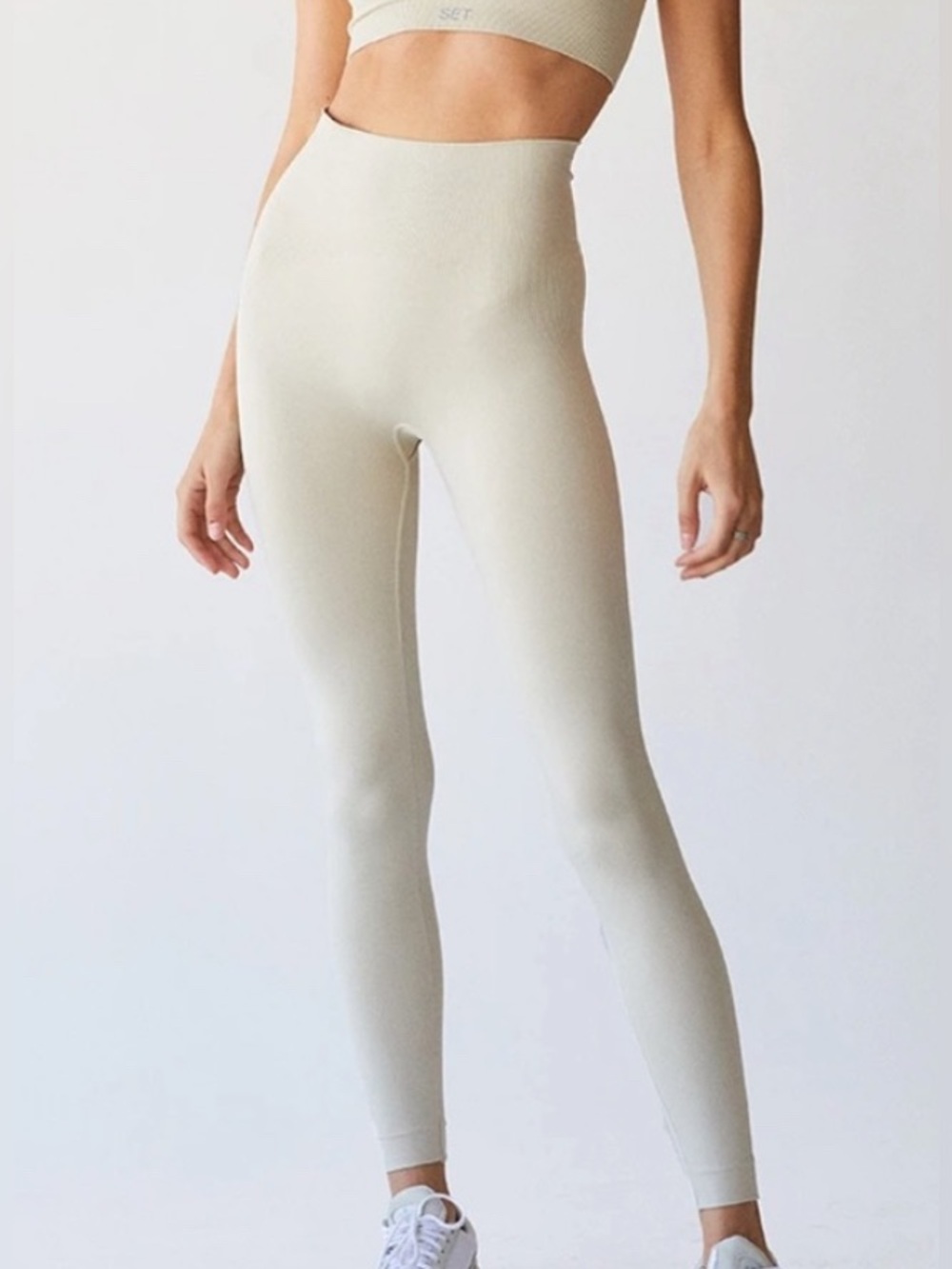SETActive High Rise Ribbed Seamless Athletic Leggings Beige/Cream Sz L Stretch